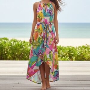 Trina Turk Midi Dress Floral Print Sleeveless Halter Tie Waist Cover-Up Size S